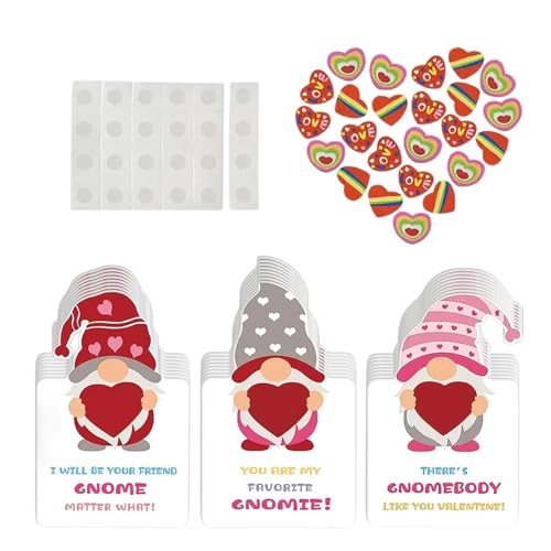 Uhngw e-Herz-Radiergummi-Valentinskarte, -Valentinstagskarten | 24X Kartenset mit Herz-Radiergummis zur Begrüßung | Valentinstag-Grußkarten für Kinder, Mädchen und von Uhngw