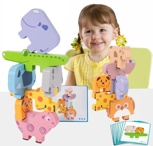 UiDor Montessori Holzspielzeug ab 1 2 3 4 Jahren-Montessori Spielzeug- Tier Sortier Stapel für Jungen Mädchen- Stapel-und Balancierspiel mit 10 Tierfiguren aus Holz für Baby Kleinkinder von UiDor