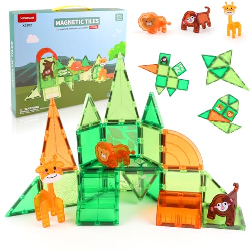 Magnetische Bausteine,Magnetische Fliesen Kinderspielzeug,Magnetische Kacheln,Magnet Spielzeug Kinder,Spielzeug ab 3 Jahre,plus Löwen,Affen und Giraffen als Statuen,Puzzlespiele für Jungen und Mädchen von Uiczdry