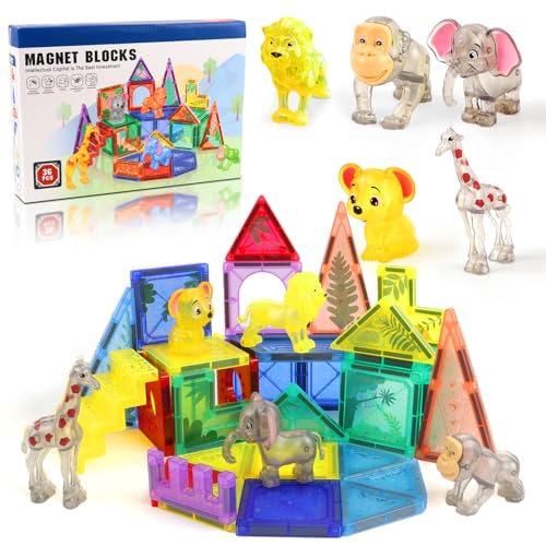 Magnetische Bausteine,Magnetische Fliesen Kinderspielzeug, Magnet Spielzeug Kinder,magnetische Blöcke,Spielzeug ab 3 Jahre,plus Affe,Elefant und Koala als Statuen, Puzzlespiele für Jungen und Mädchen von Uiczdry