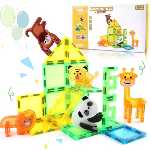 Magnetische Bausteine,Magnetische Fliesen Kinderspielzeug,Magnet Spielzeug Kinder,Magnetische Bausteine Spielzeug ab 3 Jahre,plus Tiger, Panda und Affe als Statuen,Puzzlespiele für Jungen und Mädchen von Uiczdry