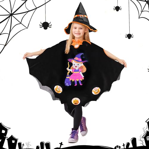 Halloween Kostüm Kinder,Halloween Fledermaus Umhang mit Hut, Fasching Kostüme,Kinderkostüm Halloween, Hexenkostüm Umhang für Halloween Cosplay Party, Geeignet für Höhe 90-150cm von UieaMsio