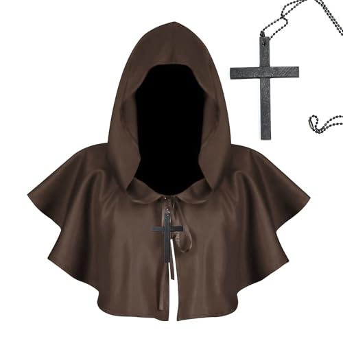 Halloween Umhang,Vintage Mittelalterliche Kapuze,Unisex Mittelalter Kurzhaube,Poncho Cosplay Kostüm,für Herren & Damen,Einheitsgröße (Braun) von UieaMsio