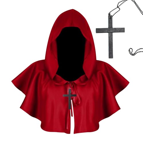 Halloween Kapuzen Kurz Umhang,Halloween Umhang,Vintage Mittelalterliche Kapuze,Unisex Mittelalter Kurzhaube,Poncho Cosplay Kostüm,für Herren & Damen,Einheitsgröße (Rouge) von UieaMsio