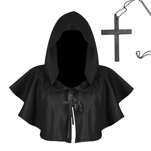 Halloween Kapuzen Kurz Umhang,Halloween Umhang,Vintage Mittelalterliche Kapuze,Unisex Mittelalter Kurzhaube,Poncho Cosplay Kostüm,für Herren & Damen,Einheitsgröße (Schwarz) von UieaMsio