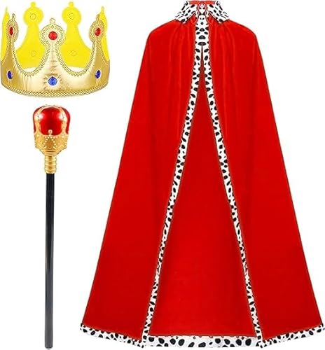 UieaMsio 3 Stück König Kostüm für Erwachsene,Königsmantel,Krönung Kostüm Set,krone könig,Zepter, für Cosplay,Mottoparty,Halloween,Karneval,120cm für Erwachsene und Kinder von UieaMsio