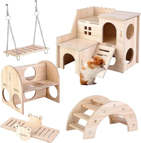 UieaMsio 5-teiliges Hamsterhaus, Zubehör für Hamster, Holzspielzeug für Hamster, Hamster, Hamster, Zubehör für Hamster, Tamia, Chinchilla von UieaMsio