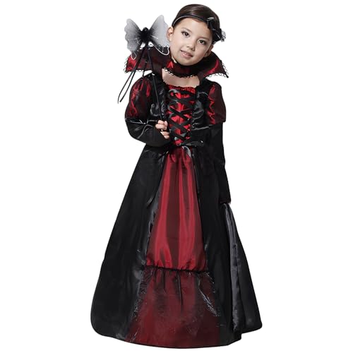 UieaMsio Halloween Kostüm Vampir Kinder Mädchen, Halloween Vampir Kostüm Kinder, Gothic Vampir Prinzessin Kostüm, Schwarz & Rot Vampir Kleid für Karneval Halloween Kostüm Fancy Dress Cosplay (L) von UieaMsio