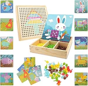 UieaMsio Mosaik Steckspiel für Kinder,Holz Mosaik Bastelset Kinder,Mosaik Steckspiel Pegboard mit 240 Steckperlen 10 Bilder, Montessori Geschenke für Mädchen Jungen Kinder von UieaMsio