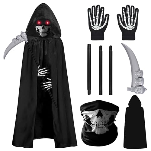 UieaMsio Sensenmann Kostüm Set, Halloween Kostüm Herren Umhang Set mit Schädelmaske, Kapuzenumhang, Sense, Leuchtende Handschuhe, für Halloween Dekoration, Cosplay von UieaMsio