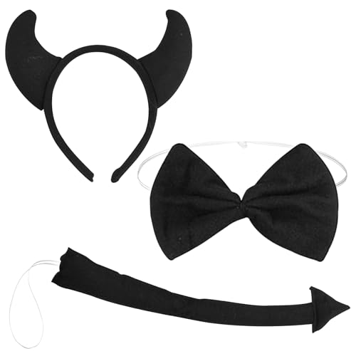 3 Stück Teufelshörner Kostüm Set Teufel Kostüm KitTeufelshörner Haarreif Teufelsschwanz und Teufel Fliege Halloween Cosplay Accessoires für Mädchen Erwachsene Halloween Karneval Cosplay Party von UieaMsio