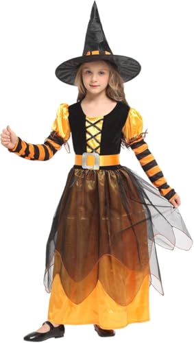 UieaMsio Halloween Hexe Kostüme für Mädchen Kinde,Zauberer verkleiden sich Cosplay Kostüm Set,Hexenkostüm Halloween Karneval Fasching Kostüme Lange Hexenkleid mit Hexenhut 3-9 Jahre von UieaMsio