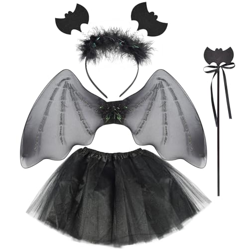 UieaMsio Fledermaus Kostüm Kinder,4 Stück Fledermaus Rock Kostüm Set mit Flügel, Tutu, Haarreif, Stab, Fledermaus Flügel Kostüm Mädchen für Halloween, Karnevals, Fasching, Cosplay Themenpartys von UieaMsio