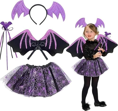 UieaMsio Fledermaus Kostüm Kinder,4 Stück Fledermaus Rock Kostüm Set mit Flügel, Tutu, Haarreif, Stab, Fledermaus Flügel Kostüm Mädchen für Halloween, Karnevals, Fasching, Cosplay Themenpartys von UieaMsio