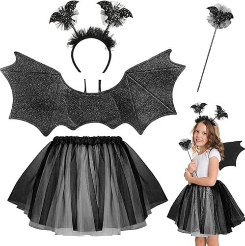 UieaMsio Fledermaus Kostüm Kinder,4 Stück Fledermaus Rock Kostüm Set mit Flügel, Tutu, Haarreif, Stab, Fledermaus Flügel Kostüm Mädchen für Halloween, Karnevals, Fasching, Cosplay Themenpartys von UieaMsio