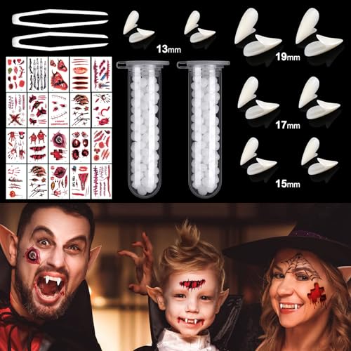 16 Stücke Vampir Fangs Vampirzähne Zähne Kit 4 Größen Custom Fangs Vampire Zähne Zahnersatz Halloween Party Cosplay Prothesen Gefälschte mit 2 Rohr Zähne Pellets Klebstoff 20 Halloween Scar Pasten von Uirheurd