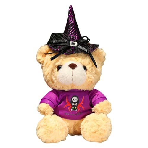 Halloween Teddybär Kuscheltier, Teddybär Plüschtier Kuscheltiere, Teddy Bären Klein Braunbär Süße Stofftier Spielzeug, Geschenke für Kinder Mädchen Jungen (Hellbrauner Bär - Lila T Schädel,28cm) von Uixxducc