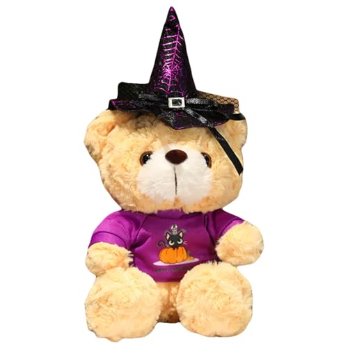 Halloween Teddybär Kuscheltier, Teddybär Plüschtier Kuscheltiere, Teddy Bären Klein Braunbär Süße Stofftier Spielzeug, Geschenke für Kinder Mädchen Jungen (Hellbrauner Bär - Lila T Katze,28cm) von Uixxducc