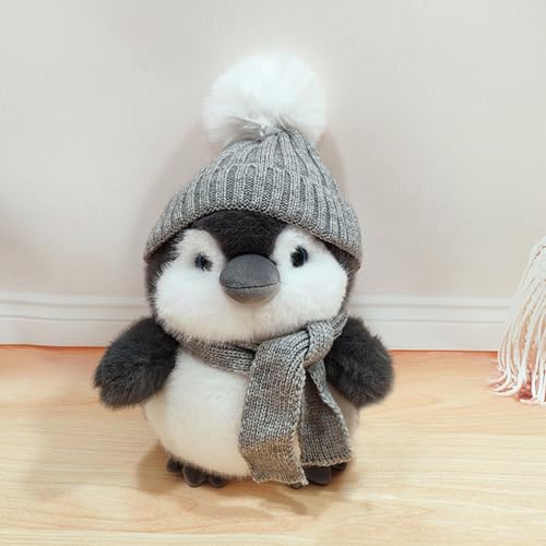 Plüschtier Pinguin Mit Schal und Mütze Stofftier Pinguin Kissen Kuscheltier Cartoon Pinguin Kissen Geschenk Kinder Kuscheltier (20cm,Grau) von Uixxducc