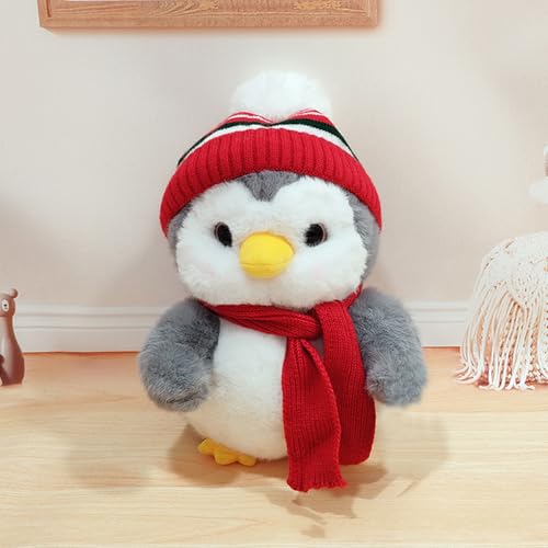 Plüschtier Pinguin Mit Schal und Mütze Stofftier Pinguin Kissen Kuscheltier Cartoon Pinguin Kissen Geschenk Kinder Kuscheltier (20cm,Rot) von Uixxducc