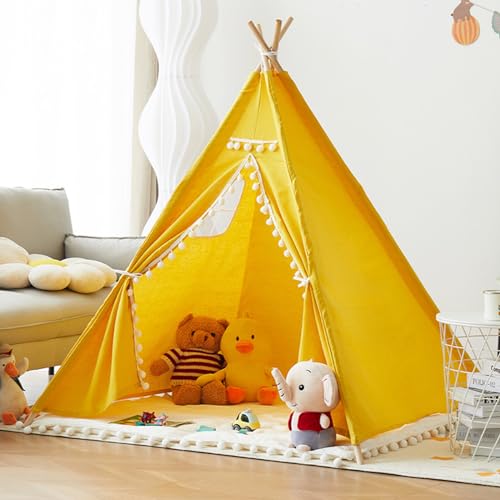 Uixxducc Tipi Zelt für Kinder,Tipi Kinderzelt Zelt Kinderzimmer, Kinderzelt für Drinnen Spielzelt Kinder Indoor Lesezelt Kuschelecke Kinderzimmer Deko (Gelb,1.1M) von Uixxducc