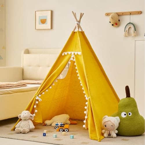 Uixxducc Tipi Zelt für Kinder,Tippi Kinderzelt für Drinnen Kinder Spielzelt Spielhaus Tipizelt Indoor, Kinderzelte für Mädchen und Jungen Babyzimmer Deko (Gelber mit Bällen,1.6M) von Uixxducc