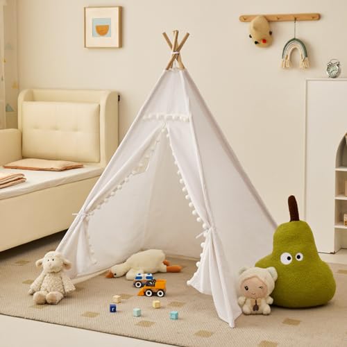 Uixxducc Tipi Zelt für Kinder,Tippi Kinderzelt für Drinnen Kinder Spielzelt Spielhaus Tipizelt Indoor, Kinderzelte für Mädchen und Jungen Babyzimmer Deko (Weiß mit Bällen,1.1M) von Uixxducc