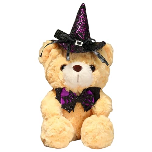 Uixxducc Halloween Teddybär Kuscheltier, Teddybär Plüschtier Kuscheltiere, Teddy Bären Klein Braunbär Süße Stofftier Spielzeug, Geschenke für Kinder Mädchen Jungen (Hellbrauner Bär - Lila Hut,28cm) von Uixxducc