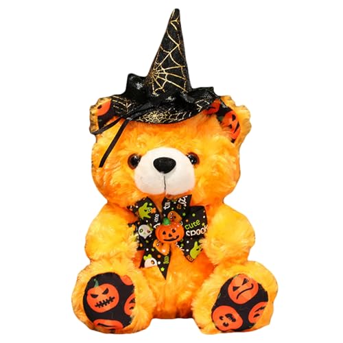 Uixxducc Halloween Teddybär Kuscheltier, Teddybär Plüschtier Kuscheltiere, Teddy Bären Klein Braunbär Süße Stofftier Spielzeug, Geschenke für Kinder Mädchen Jungen (Oranger Bär - Schwarzer Hut,28cm) von Uixxducc