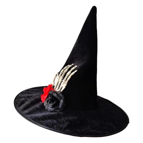 Ukbzxcmws Moderner Halloween Hexenhut Mit Totenkopf Hand Rose Applikation Damen Halloween Festival Karneval Party Cosplay von Ukbzxcmws