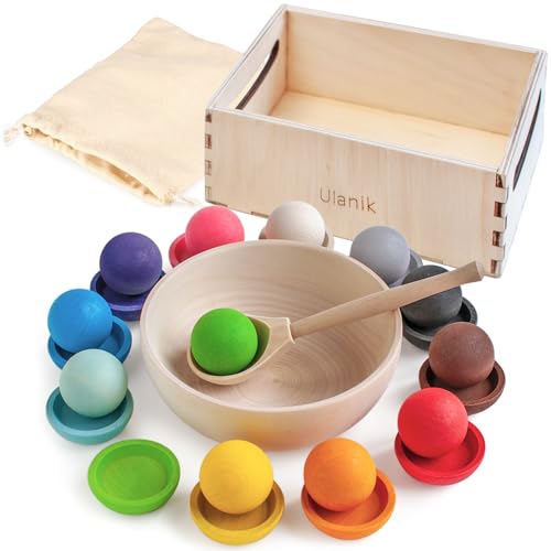 Ulanik Bälle auf Platten Montessori Spielzeug ab 1 Jahr Baby Sensorik Platten und Kugeln Holzspiele zum Zählen und Sortieren Farben Lernen — 12 Holzkugeln Bunt von Ulanik