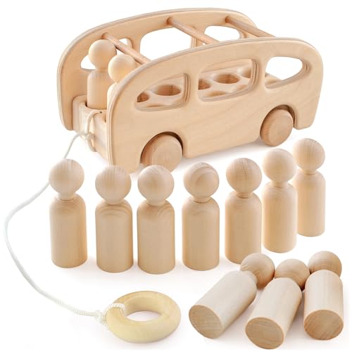 Ulanik Kleine Steckpuppen im Bus Nachzieh Montessori Spielzeug ab 3 Jahre Baby Waldorf Puppen zum Mitziehen zum Zählen und Holz Basteln DIY — 12 Blanko Zwerge von Ulanik