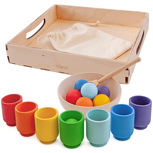 Ulanik Regenbogen Bälle in Tassen Kleinkinder Montessori Spielzeug ab 1 Jahr + Baby Sensorik Bälle Holzspiele zum Zählen und Sortieren Farben Lernen — 7 Kugeln von Ulanik