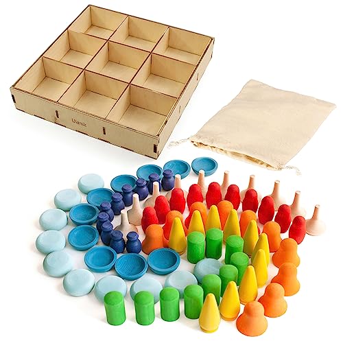 Ulanik Regenbogenmuster Bauset Holz Montessori Spielzeug Sortierspiel 80 Figuren Alter 3+ Farbsortierung und Zählen Lernspielzeug für Vorschule von Ulanik