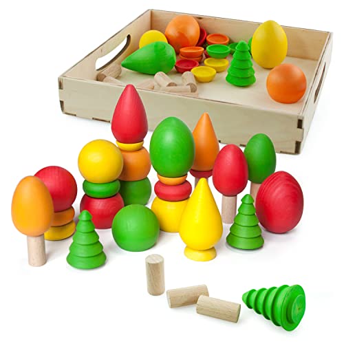 Ulanik Wunderbarer Wald Bauset Holz Montessori Spielzeug Sortierspiel 44+16 Figuren Ab 3+ Farbsortierung und Zählen Lernspielzeuge für Vorschule von Ulanik