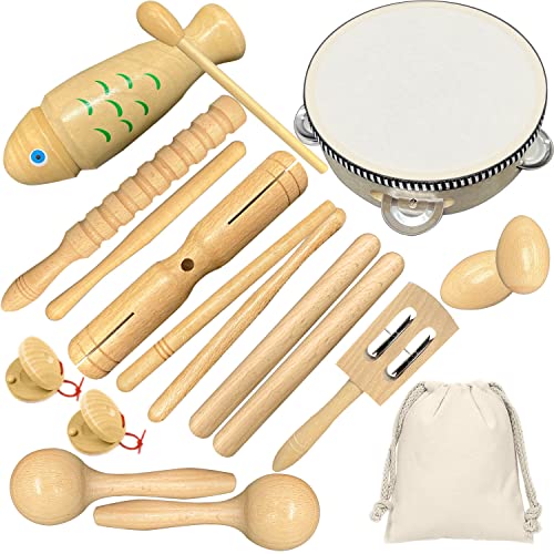 Holz Musikinstrumente Set für Kinder, Kleinkinder und Baby, Ulifeme 17 Stück Instrumente Kinderspielzeug Ab 3 Jahre, Reines Holz Percussion Musikinstrumente Spielzeug & Musik Rhythmus Instruments Set von Ulifeme