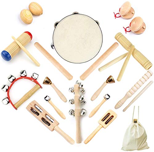 ULIFEME 23 Stück Musikinstrumente Set, Musical Instruments Holz Percussion Set für Kinder, Baby und Kleinkinder, Reines Holz Musikinstrumente Spielzeug, Musik Rhythmus Set Verpackt in Baumwolltasche von Ulifeme