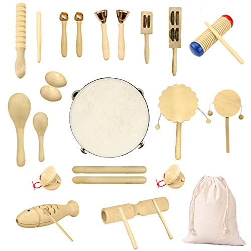 Ulifeme Holz Musikinstrumente Set, 27 Stück Instrumente für Kinder, Kleinkinder und Baby, Reines Holz Percussion Musikinstrumente Spielzeug, Musik Rhythmus Instruments Set Verpackt in Baumwolltasche von Ulifeme