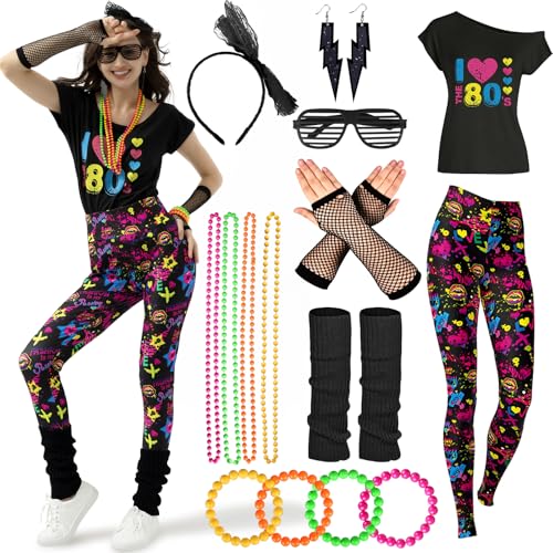 80er 90er Jahre Outfit Damen Set, Aerobic Outfit 80er 90er Damen Set, 15 Stück 80er 90er Neon Party Outfit Damen Accessoires Set mit Bunte Leggings, netzshirt, T-shirt für Karneval, Mottoparty. von Ulikey