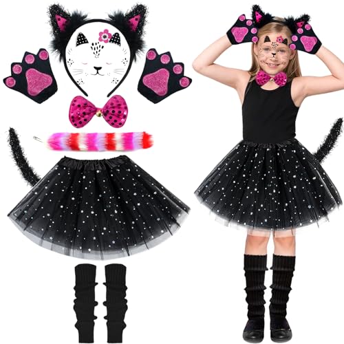 Ulikey 10 PCS Katze Kostüm Kinder, Katze Cosplay Kostüm Set mit Tutu Ohren Fliege Pfoten Schwanz Beinwärmer Gesichtsaufkleber, Schwarze Katzenkostüm Mädchen für Karneval Halloween Geburtstag Party von Ulikey