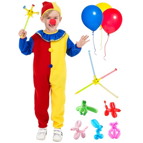 Ulikey 12 PCS Clown Kostüm Kinder, Halloween Karneval Cosplay Costume, Kinder Faschingskostüme Jungen Mädchen Cosplay Clown Kostüme, mit Clown Jumpsuit, Hut, Nase, Ballons und Tröte Spielzeug (120) von Ulikey