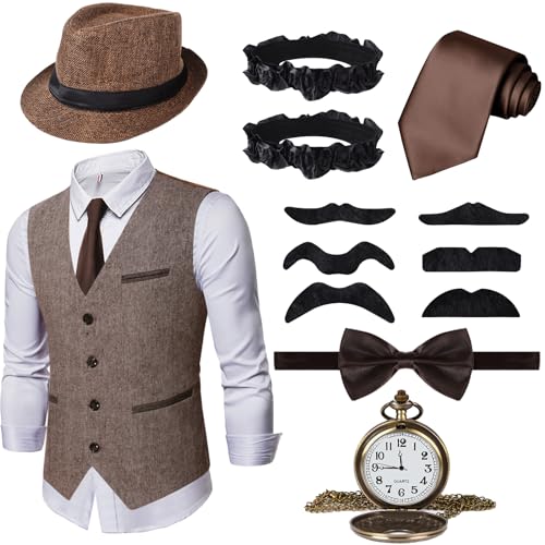 Ulikey 20er Jahre Herren Accessoires, 1920er Mafia Kostüm Herren Set, 1920er Herren Kostüm Zubehör mit Westen & Verschiedenen Accessoires für Halloween, Karneval Kostüm (Braun, M) von Ulikey