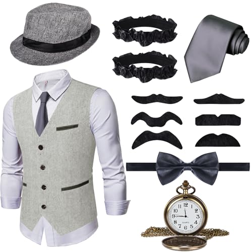 Ulikey 20er Jahre Herren Accessoires, 1920er Mafia Kostüm Herren Set, 1920er Herren Kostüm Zubehör mit Westen & Verschiedenen Accessoires für Halloween, Karneval Kostüm (Grau, M) von Ulikey