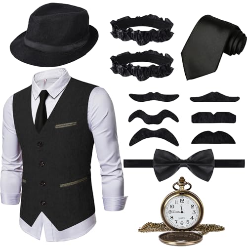 Ulikey 20er Jahre Herren Accessoires, 1920er Mafia Kostüm Herren Set, 1920er Herren Kostüm Zubehör mit Westen & Verschiedenen Accessoires für Halloween, Karneval Kostüm (Schwarz, M) von Ulikey