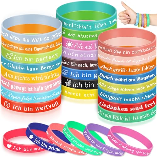 Ulikey 30 Stück Motivationsarmbänder, Inspirierende Silikon Armbänder mit Positiven Sprüchen auf Deutsch, Party Mitgebsel Geschenke Motivierende Gummiarmbänder für Kinder Teenager Schüler Kollege von Ulikey