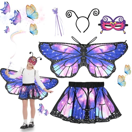 Ulikey 5 Stück Schmetterling Kostüm Kinder, Fasching Kostüm Mädchen, Zweiseitig Schmetterling Umhang, Schmetterlingsflügel Kostüm Kinder, mit Maske und Rock, Mädchen Karneval Fasching Cosplay (B) von Ulikey