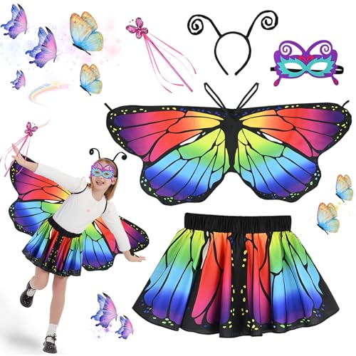 Ulikey 5 Stück Schmetterling Kostüm Kinder, Fasching Kostüm Mädchen, Zweiseitig Schmetterling Umhang, Schmetterlingsflügel Kostüm Kinder, mit Maske und Rock, Mädchen Karneval Fasching Cosplay (A) von Ulikey