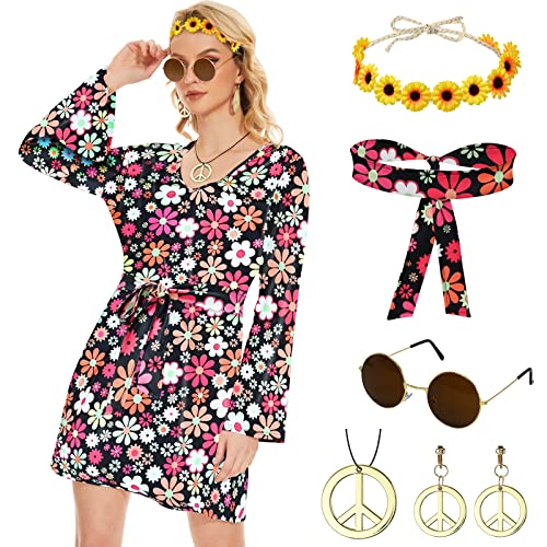 Ulikey 6 Stück Hippie Kostüm Damen Set, 60er 70er Kleid Hippie Kleidung Frauen Mädchen Disco Kleider, 70er Jahre Bekleidung Damen, Hippie Kostüm Damen Accessoires für Halloween Karneval Cosplay (XXL) von Ulikey