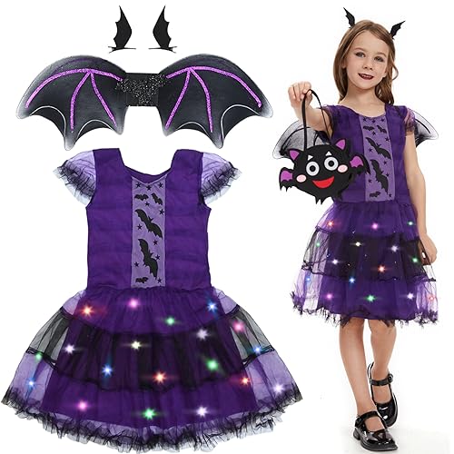 Ulikey 6 Stück Mädchen Fledermaus Halloween Kostüm, Cosplay Hexe Mädchen Tutu Kleid, mit LED Rockfutter, Flügel, DIY Süßigkeiten Tüte und Haarspangen, für Halloween Karneval Fasching Mottoparty (S) von Ulikey