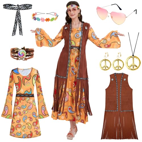 Ulikey 60er Jahre Kostüm Damen, 70er Jahre Hippie Kostüm Damen mit Hippie Accessoires, Hippie Kleidung Damen Kostüm, Retro Hippie Kleidung für Halloween und Karneval Cosplay (L) von Ulikey